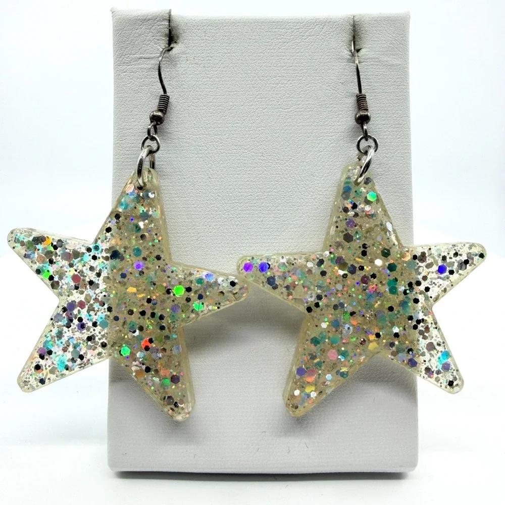 Vintage Y2K Chunky Resin Star Glitter Earrings Silver Tone Dangle Celestial Hook
